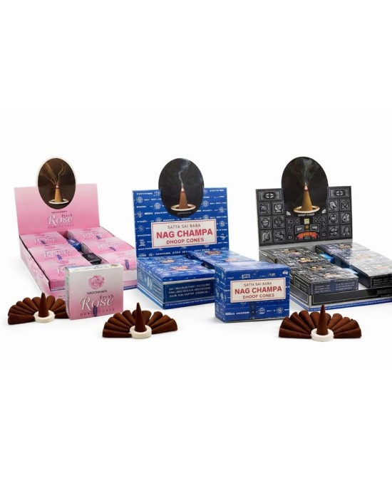 Caja de conos de incienso dhoop con soporte para aromatizar espacios y acompañar la relajación.