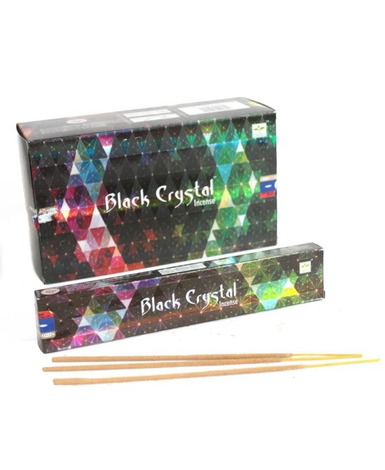 Caja de incienso Black Crystal Satya con varillas aromáticas para meditación y bienestar.