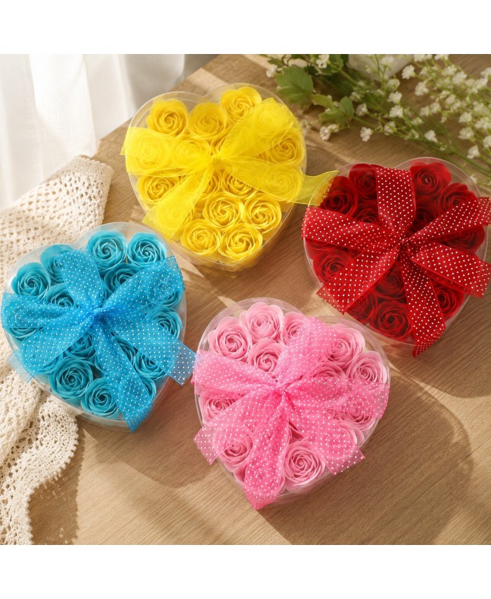 Set de 24 rosas de jabón en caja transparente con forma de corazón para regalo.