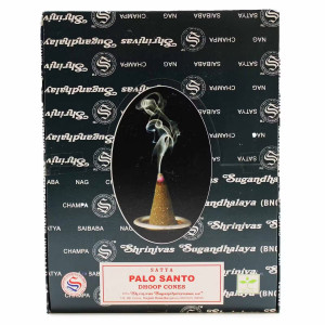 Caja frontal de conos dhoop satya palo santo con imagen de cono encendido.