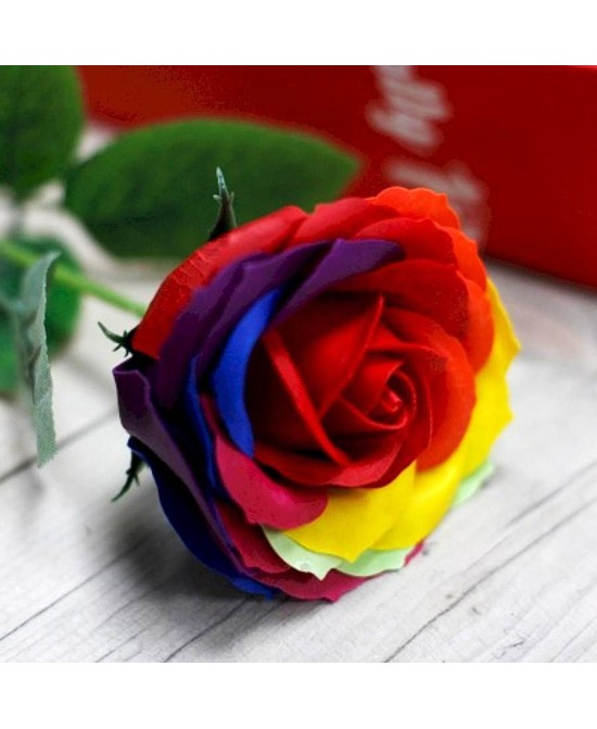 Rosa de jabón arcoíris ideal para regalar en ocasiones especiales.