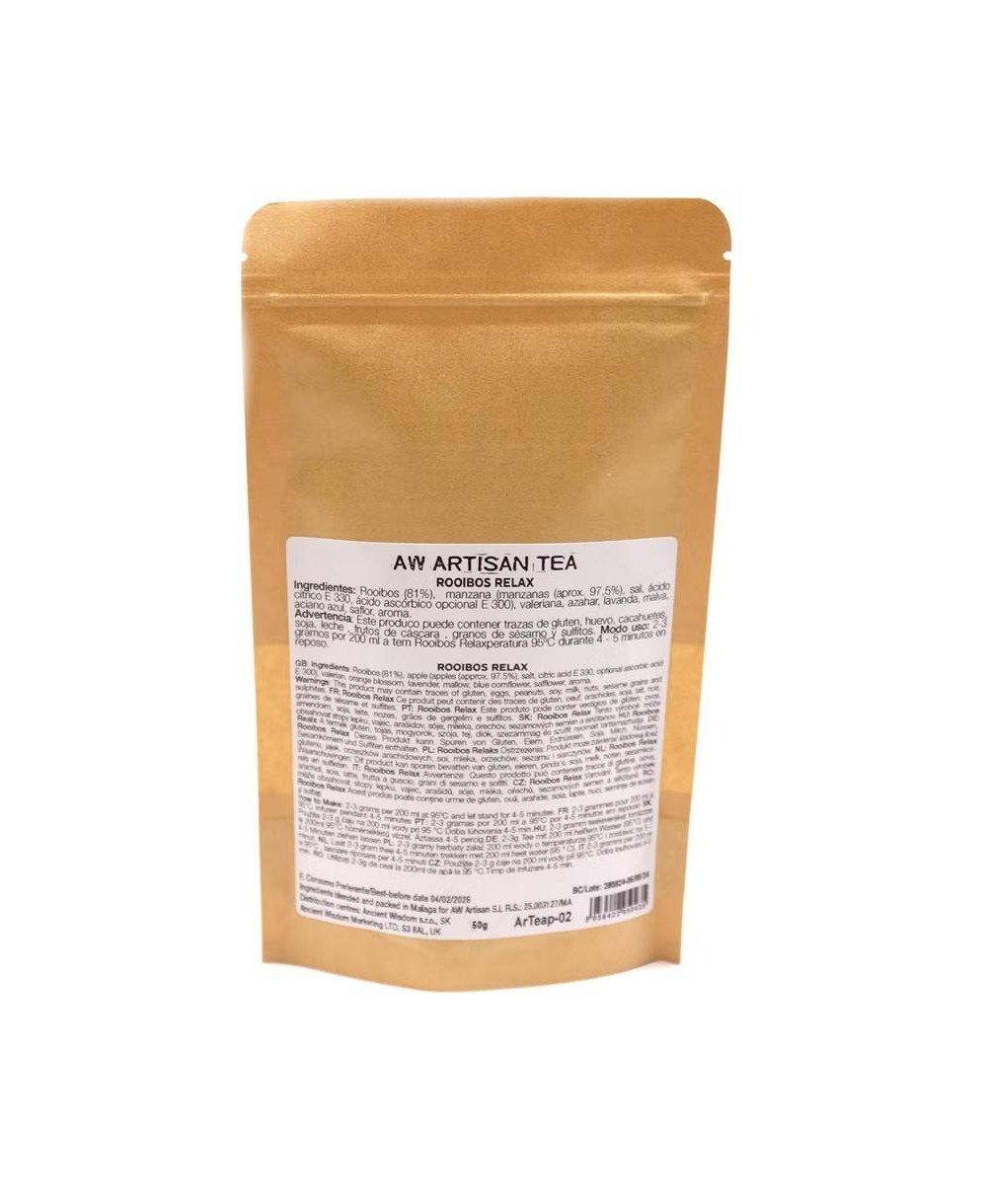 Ingredientes de la mezcla de rooibos con lavanda, manzana y naranja para infusión.
