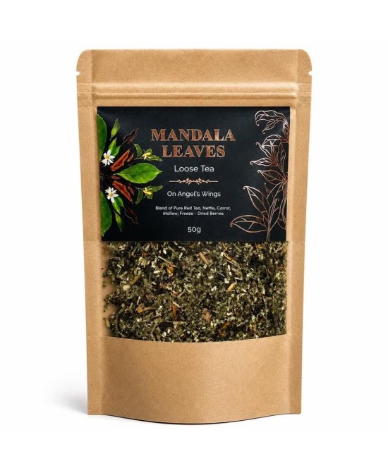 Presentación del té a granel On Angel's Wings con etiqueta negra y diseño botánico.