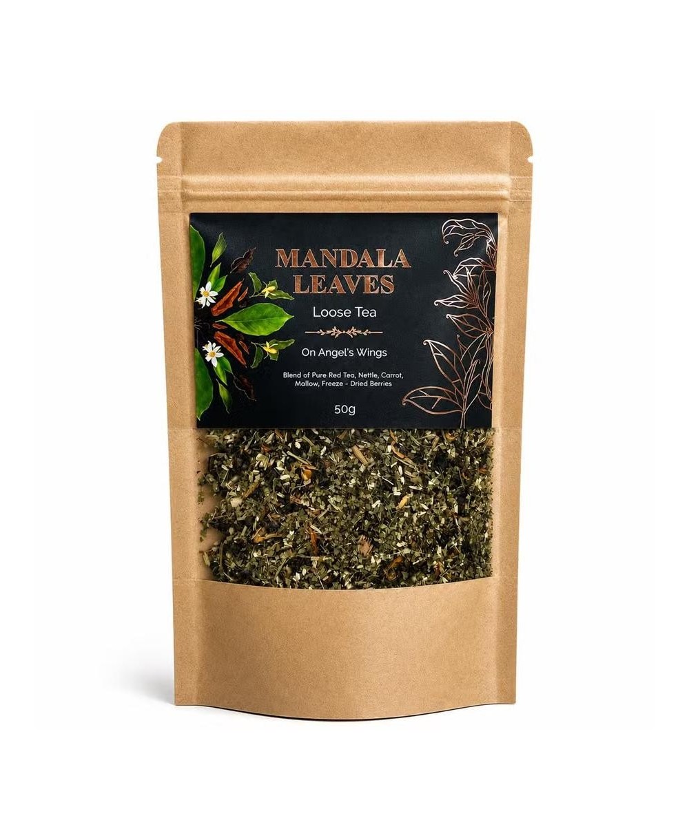 Presentación del té a granel On Angel's Wings con etiqueta negra y diseño botánico.