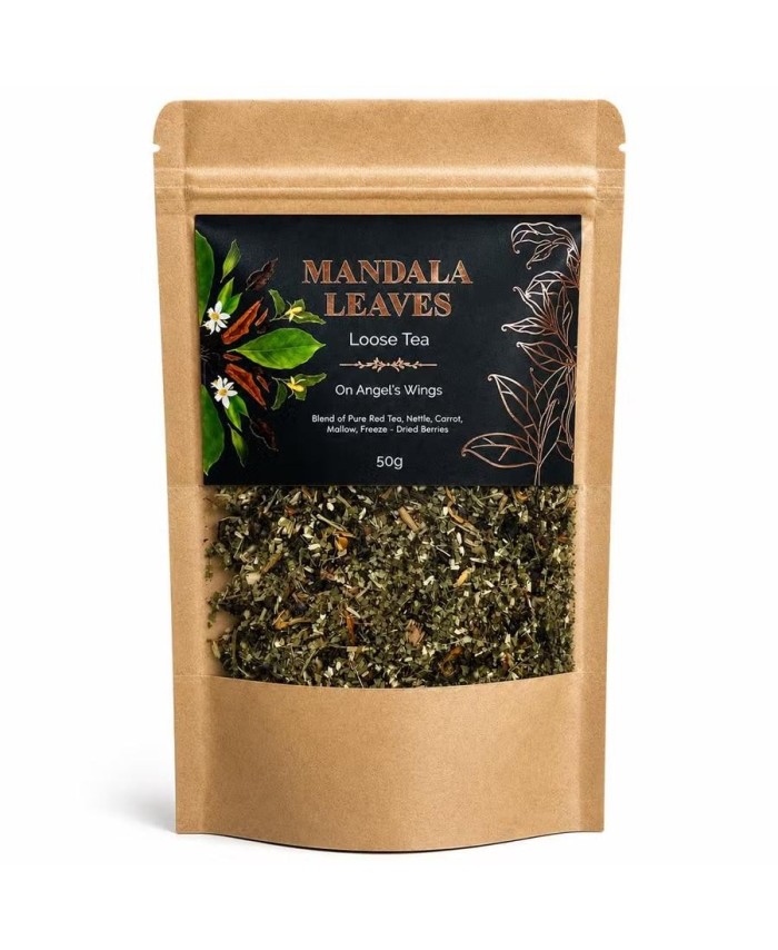 Presentación del té a granel On Angel's Wings con etiqueta negra y diseño botánico.