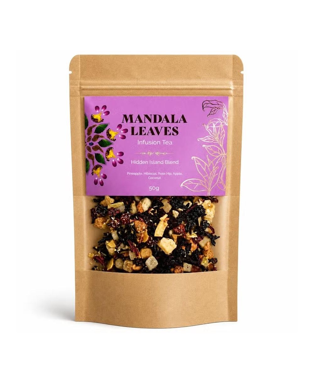 Presentación frontal de la infusión Hidden Islands Blend con diseño en color lila.