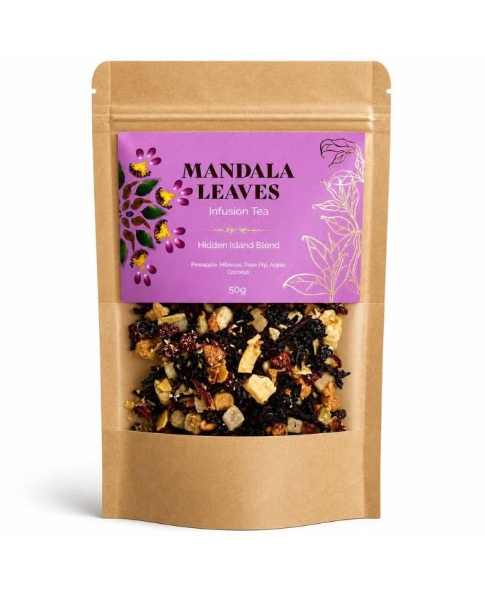 Presentación frontal de la infusión Hidden Islands Blend con diseño en color lila.