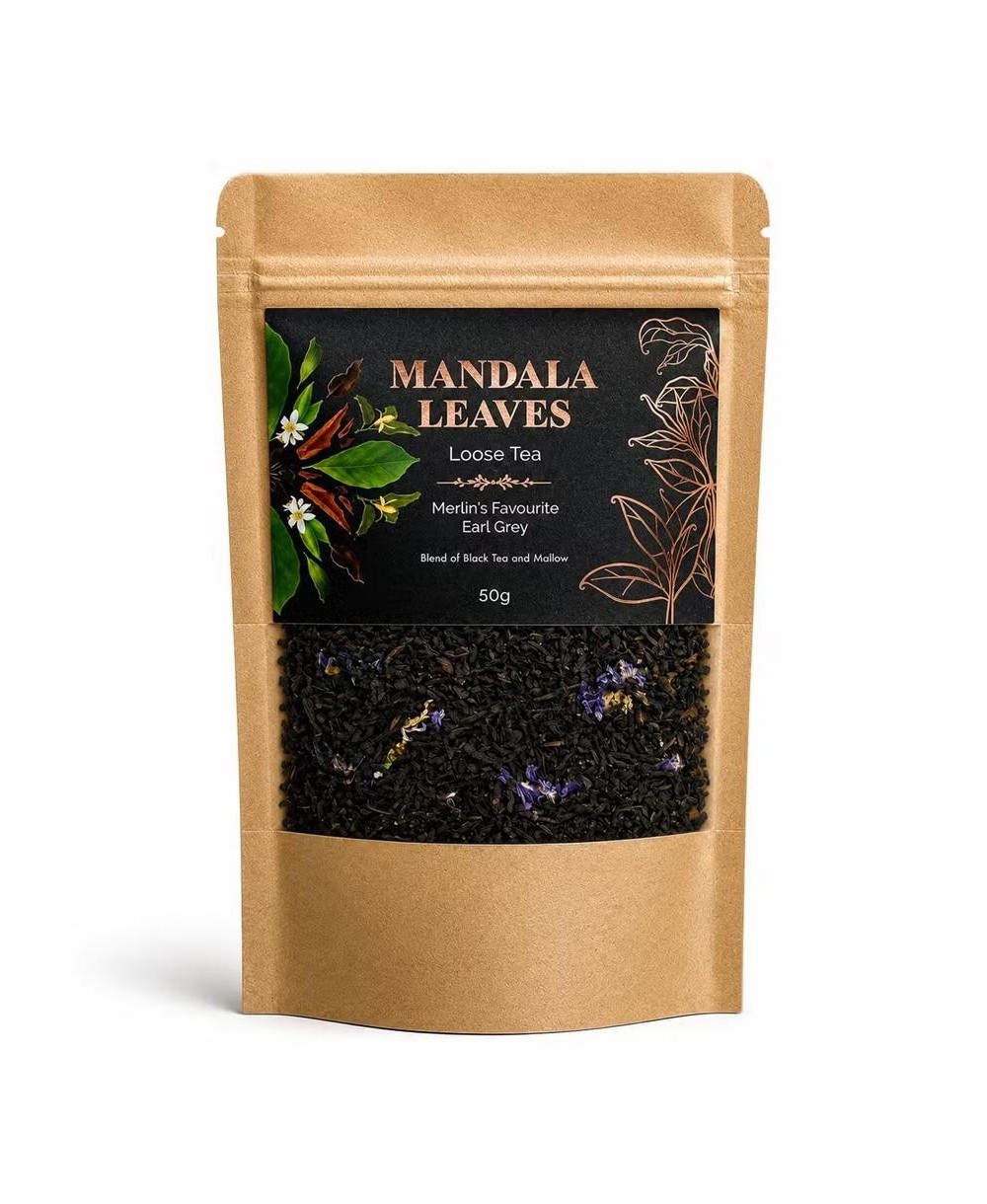 Presentación del envase de té negro Earl Grey con malva y diseño en color negro.