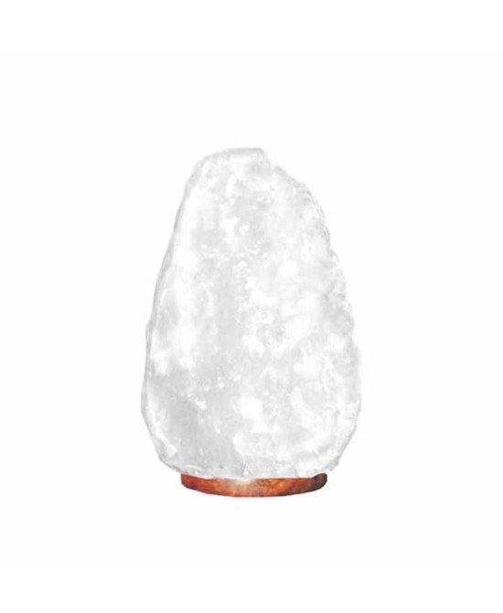 Lámpara de sal blanca del Himalaya sobre base de madera para iluminación y decoración.