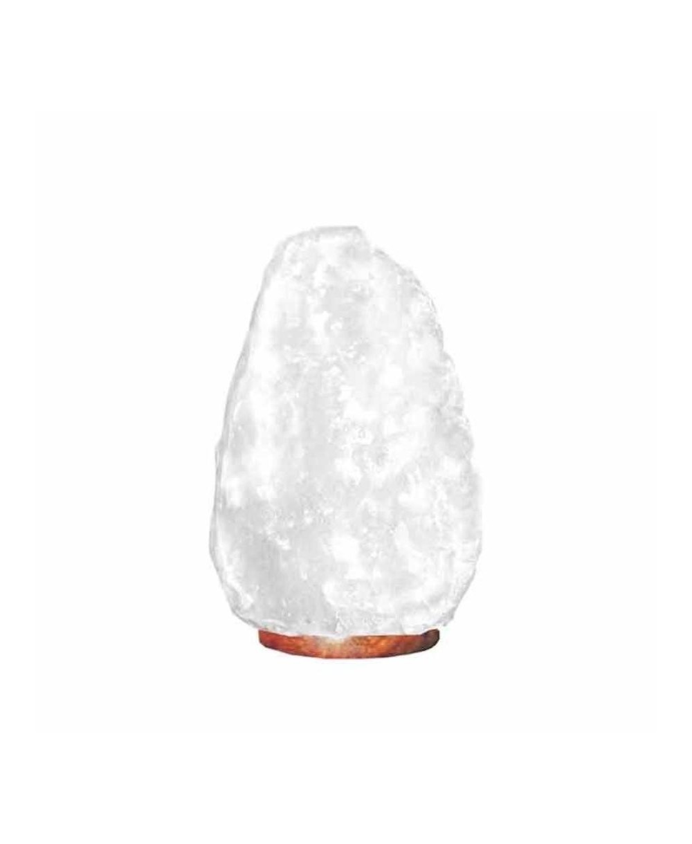 Lámpara de sal blanca del Himalaya sobre base de madera para iluminación y decoración.