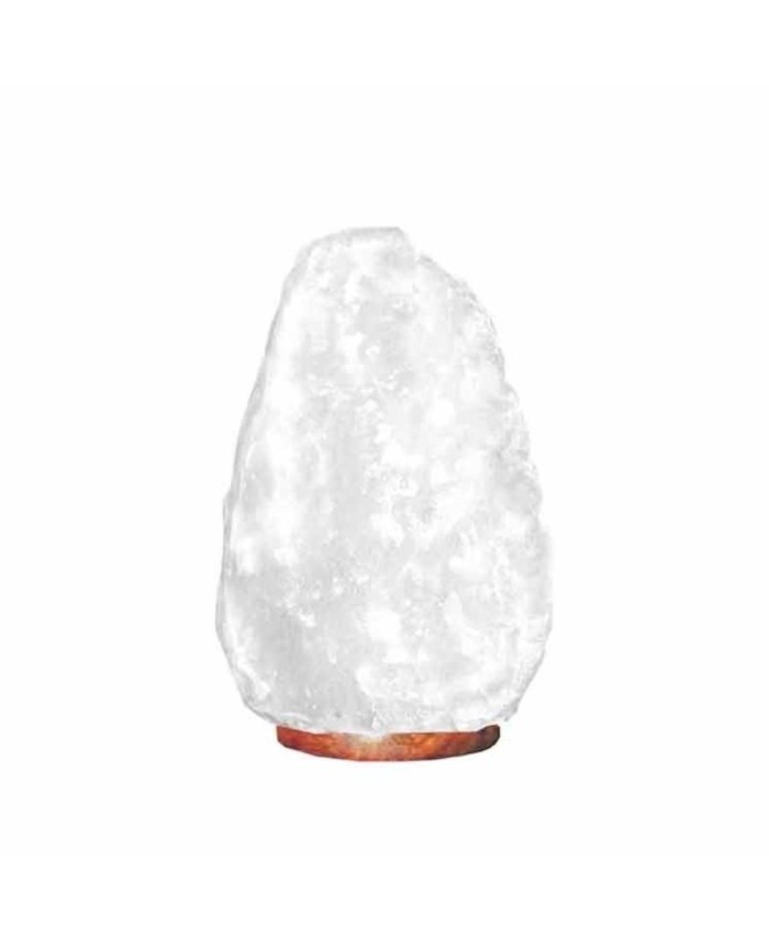 Lámpara de sal blanca del Himalaya sobre base de madera para iluminación y decoración.