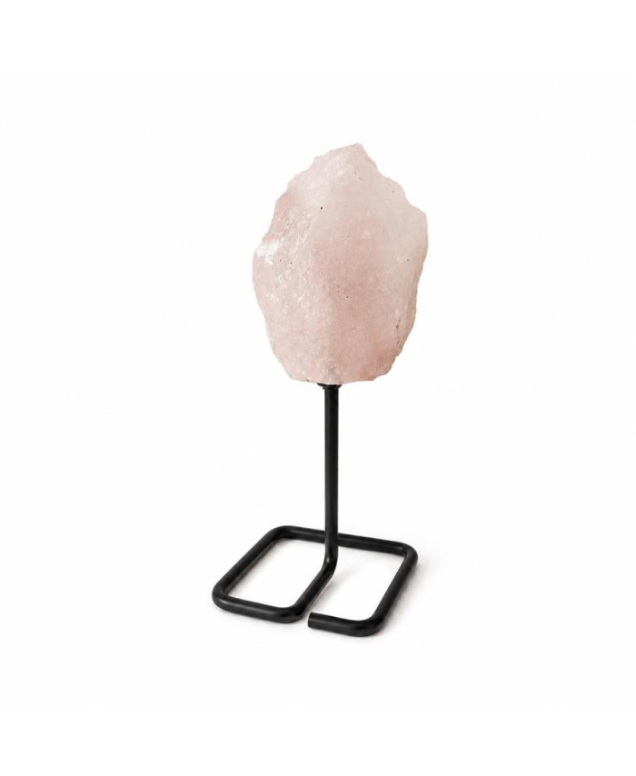 Cuarzo rosa natural en soporte metálico para colección, decoración y espacios de bienestar.
