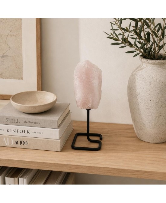 Piedra de Cuarzo Rosa Natural con Base Metálica