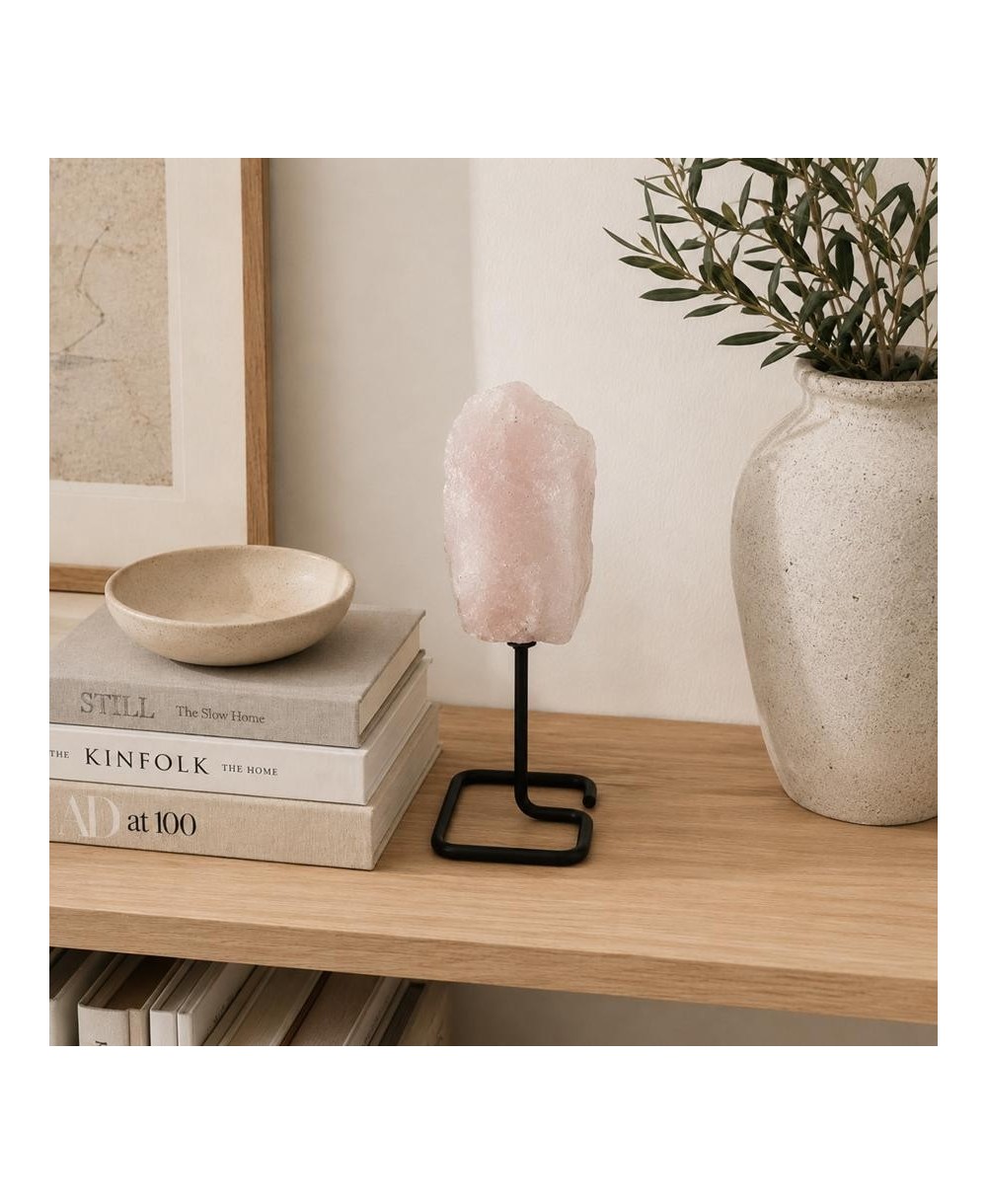 Piedra de Cuarzo Rosa Natural con Base Metálica