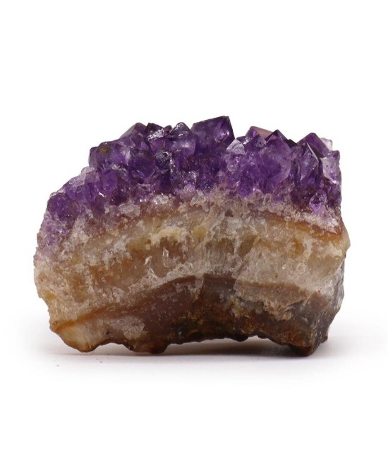 Drusa de amatista natural con cristales violetas sobre matriz rocosa.