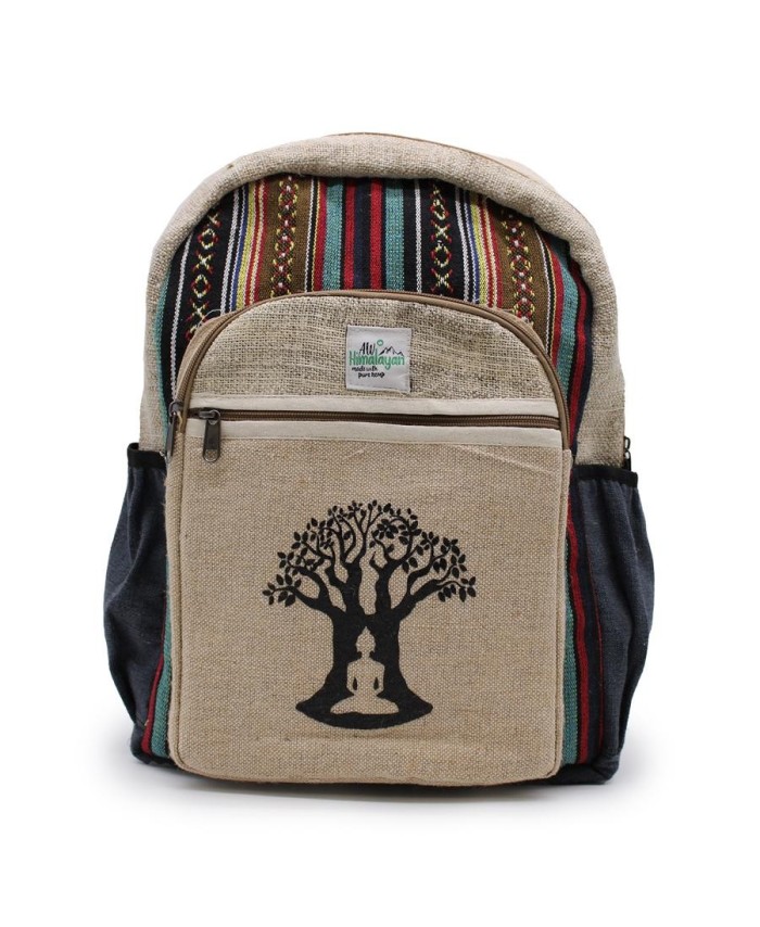 Mochila grande de cáñamo natural con diseño del Árbol de la Vida.