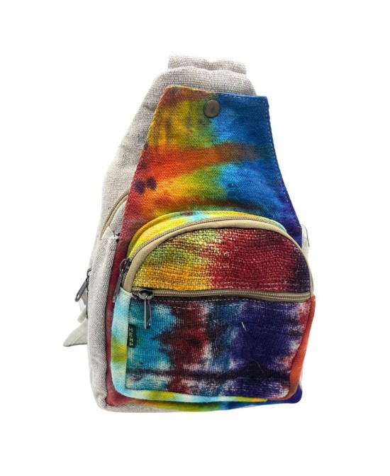 Mochila cruzada de cáñamo con diseño artesanal Tie-Dye multicolor.