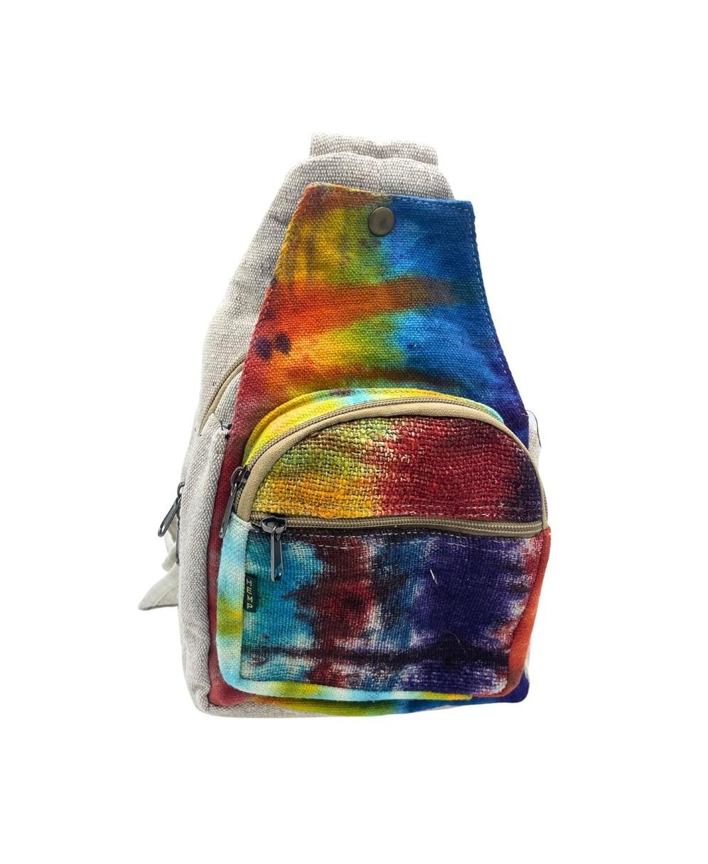 Mochila cruzada de cáñamo con diseño artesanal Tie-Dye multicolor.