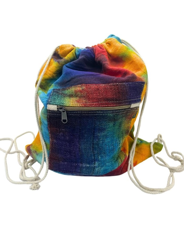 Mochila de cuerda de cáñamo con diseño Tie-Dye artesanal.