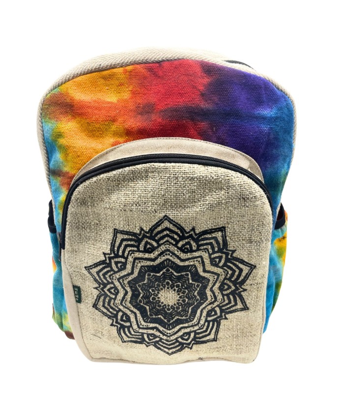 Mochila grande de cáñamo y algodón con diseño mandala para uso diario.