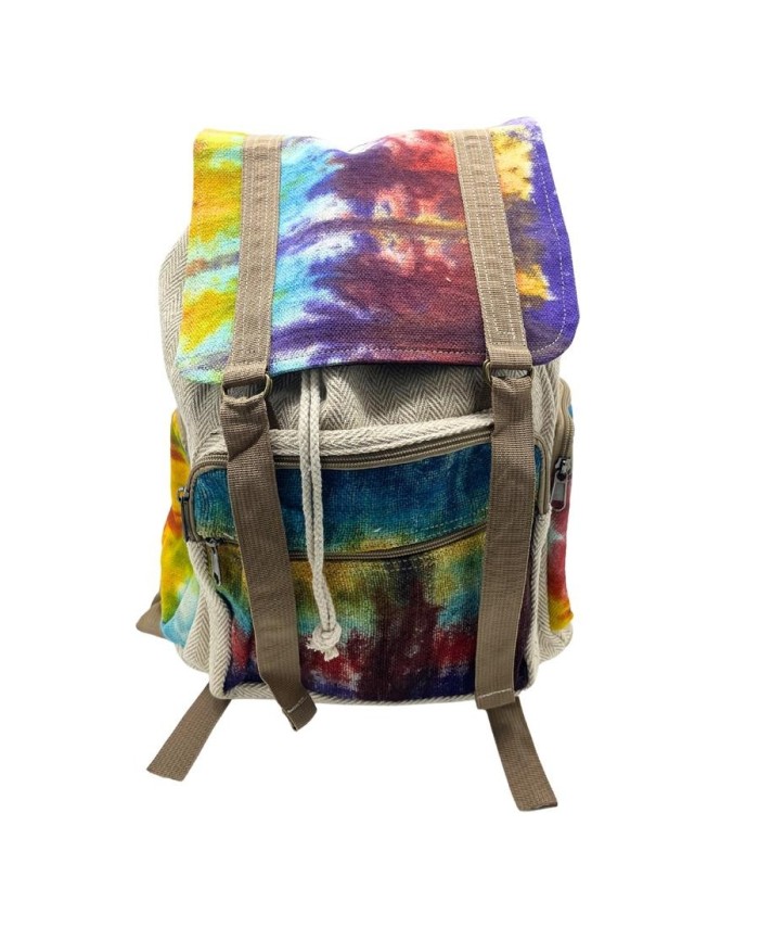 Mochila cuadrada grande de cáñamo y algodón con cierre de solapa para uso diario.