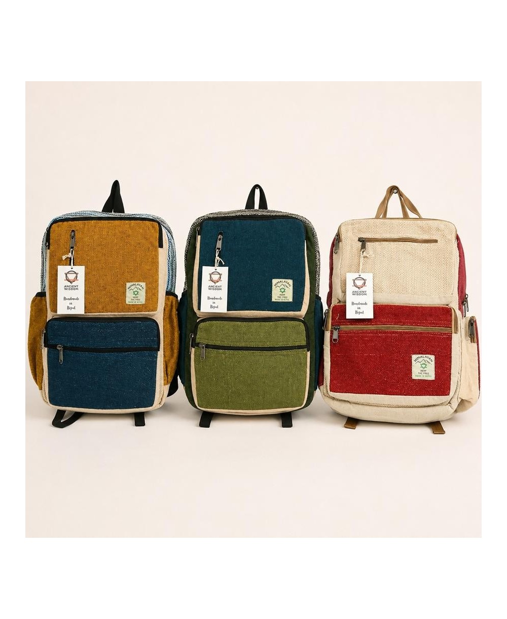 Mochila grande de cáñamo y algodón de estilo boho con múltiples bolsillos.