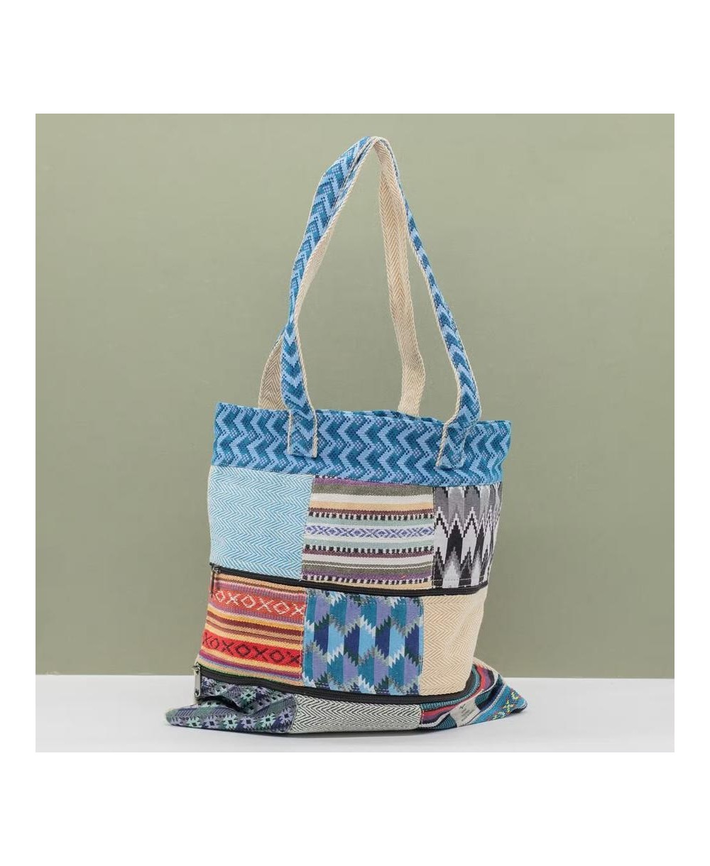 Bolso tote de algodón y cáñamo con diseño patchwork Dhaka para uso diario.