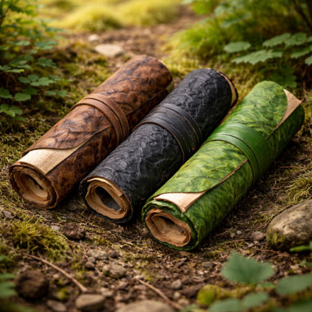 Cuadernos de viaje artesanales en rollo disponible en 3 colores.