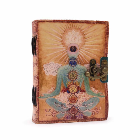Portada del Cuaderno Artesanal de Cuero Buda con 7 Chakras