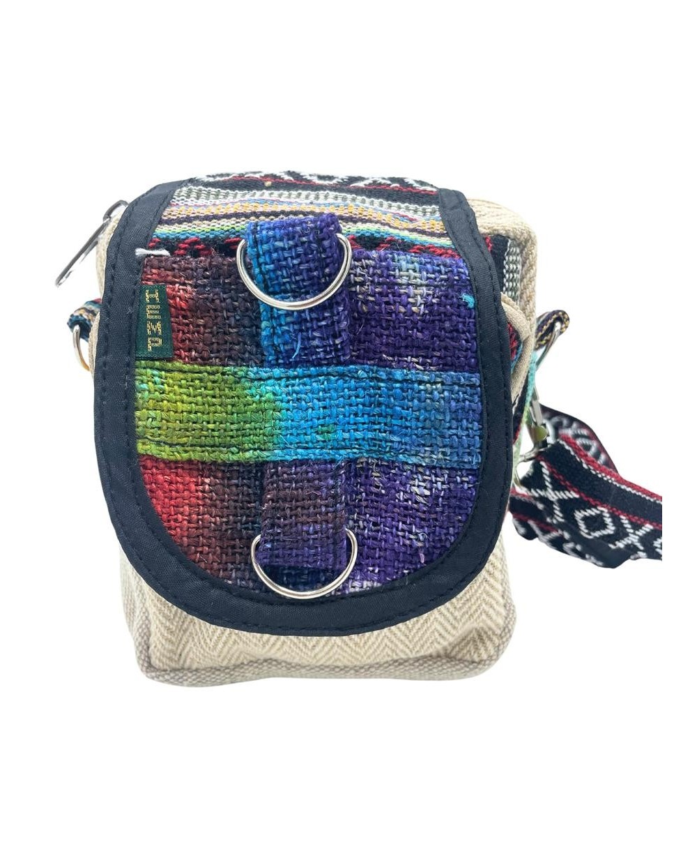 Bolso bandolera artesanal de cáñamo con diseño tie dye.