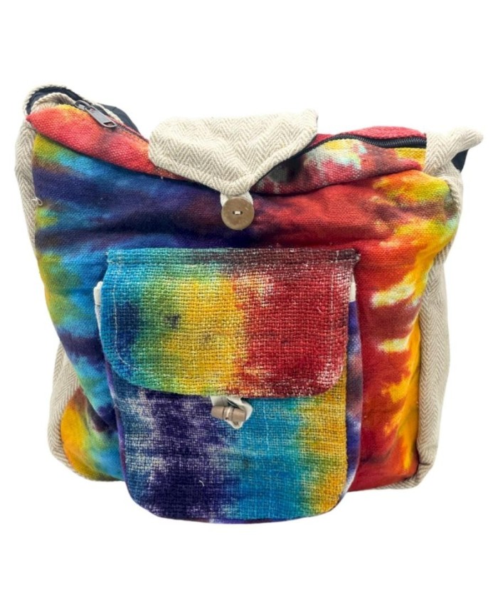 Bolso tote artesanal de cáñamo tie dye con bolsillo frontal.