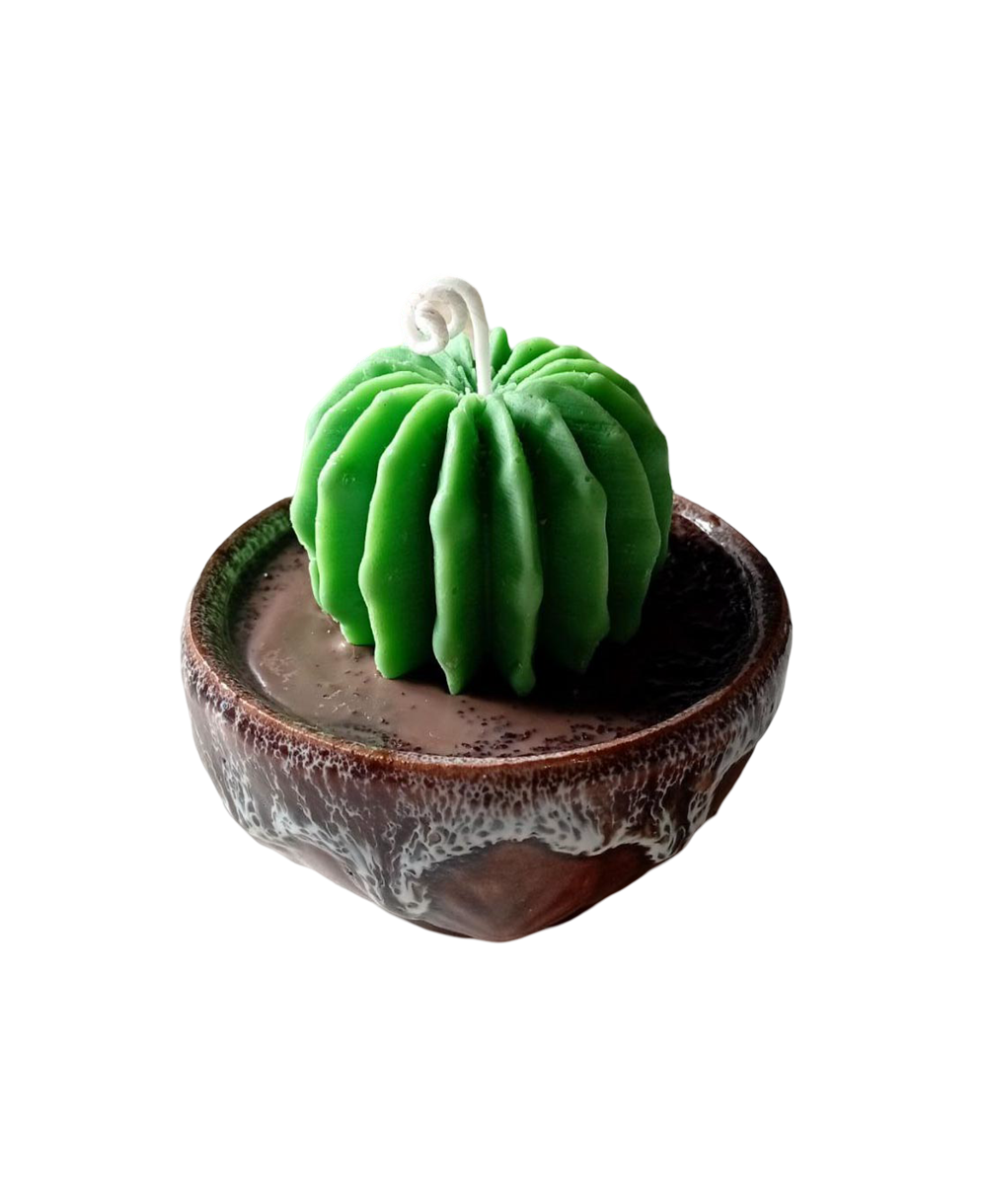 Vela artesanal de soja con forma de cactus en maceta marrón de cerámica para decorar el hogar.