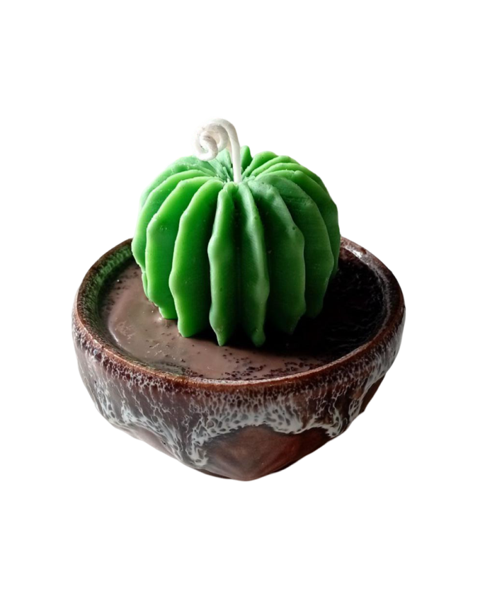 Vela artesanal de soja con forma de cactus en maceta marrón de cerámica para decorar el hogar.