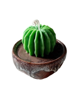 Vela artesanal de soja con forma de cactus en maceta marrón de cerámica para decorar el hogar.