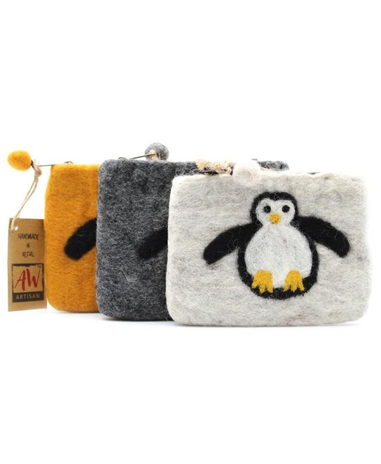 Diseños coloridos del Monedero artesanal hecho a mano con diseño de pingüino.