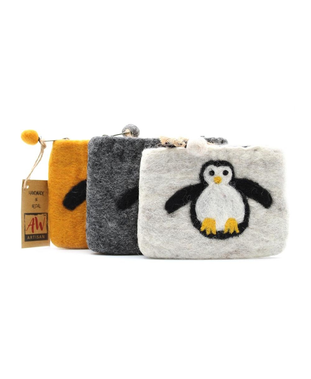 Diseños coloridos del Monedero artesanal hecho a mano con diseño de pingüino.