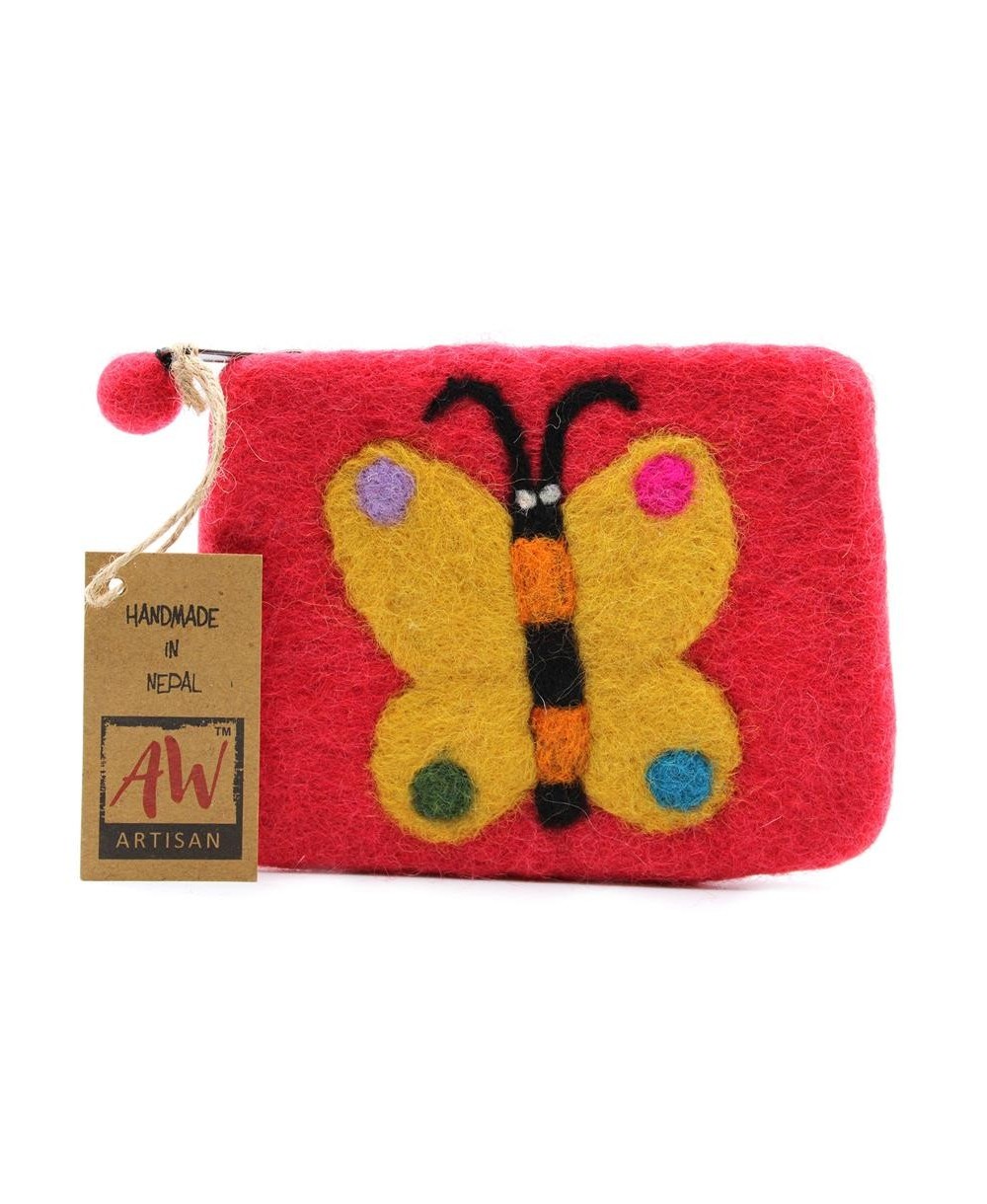 Color rojo del Monedero artesanal elaborado a mano con diseño de mariposa.