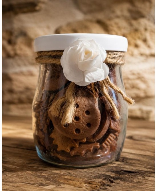 Presentación de mini galletas de cera de soja perfumada en tarro decorativo reutilizable.