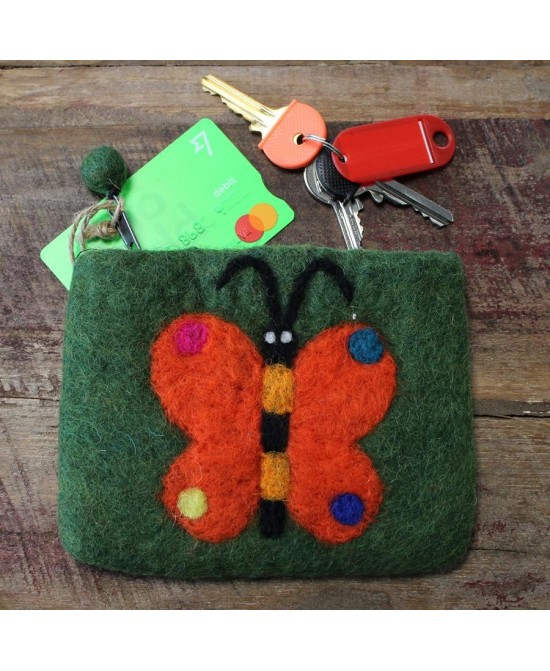 Monedero de fieltro con mariposa para guardar monedas y accesorios.