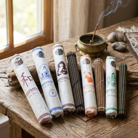 Presentación de Inciensos Tibetanos Paquete de 30 Varillas, varios aromas disponibles.