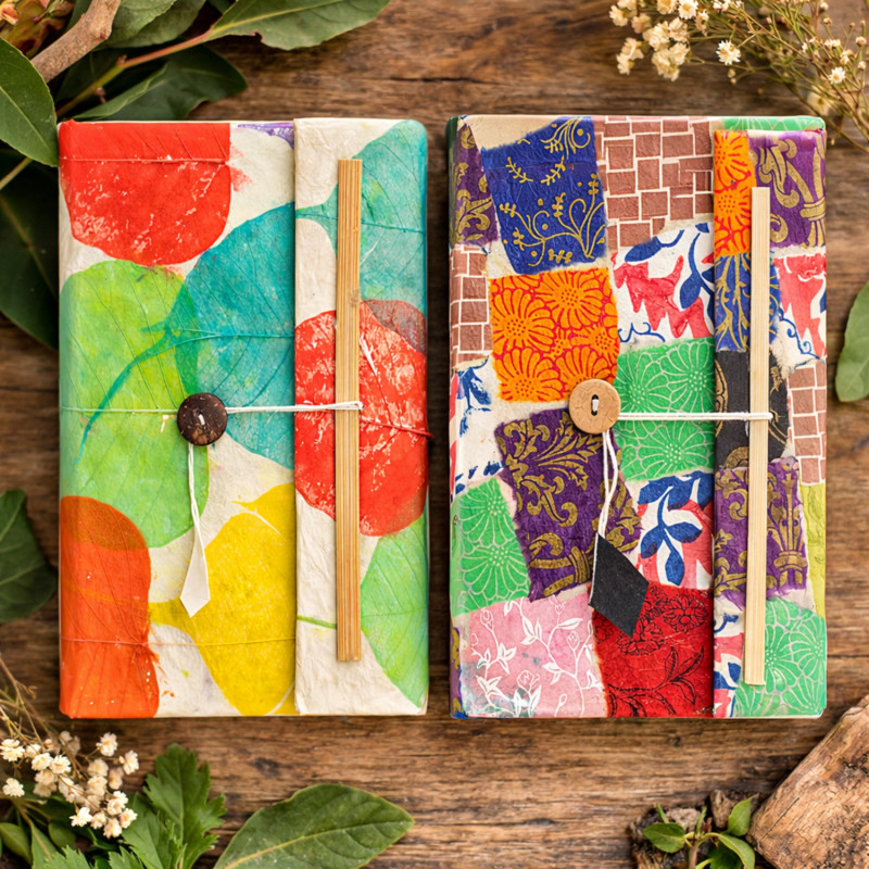 Cuadernos Lokta con 2 diseños artísticos grande con cierre de bambú.