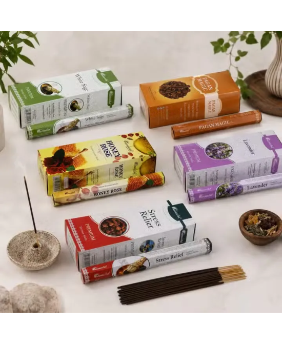 Caja de incienso hexagonal sin carbón con 20 varillas aromáticas.
