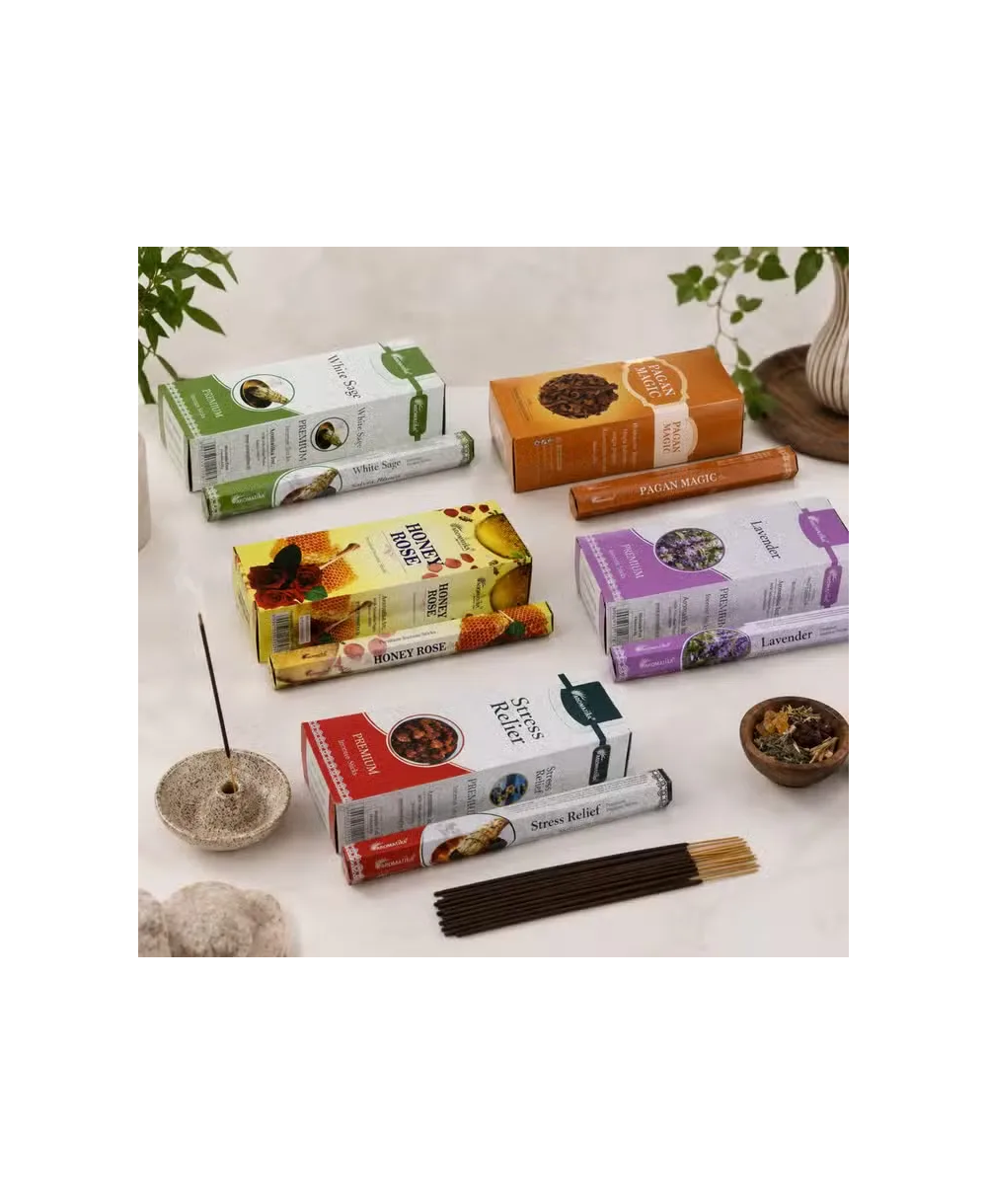 Caja de incienso hexagonal sin carbón con 20 varillas aromáticas.