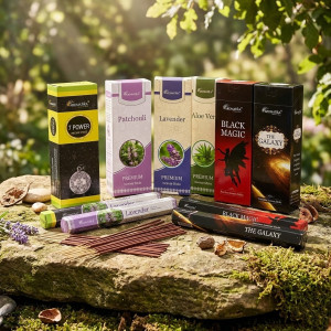 Inciensos hexagonales sin carbón marca Aromatika, con varios aromas disponibles.