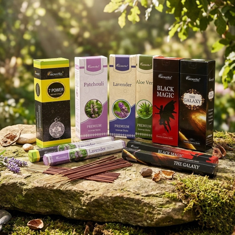 Inciensos hexagonales sin carbón marca Aromatika, con varios aromas disponibles.