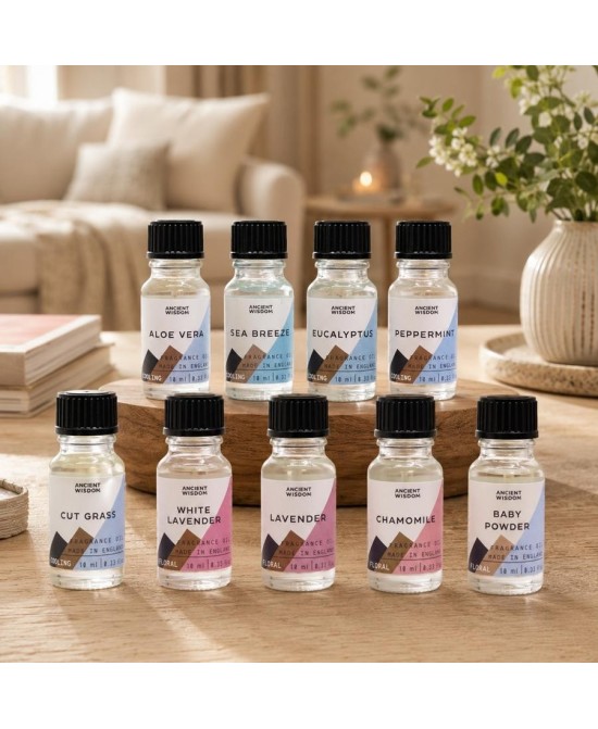 Colección de aceites de fragancia frescos, herbales y limpios para quemadores y difusores.