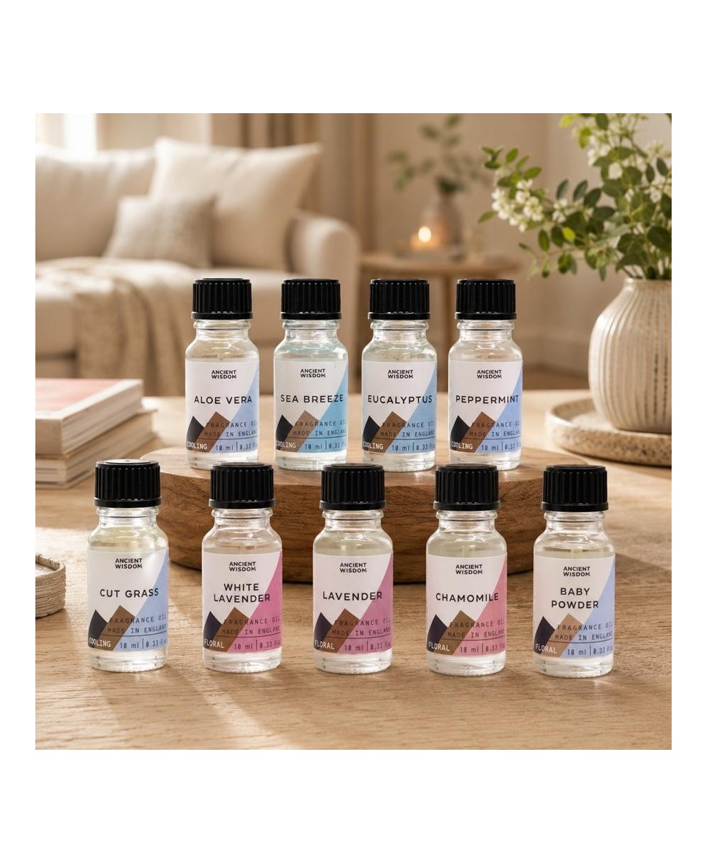 Colección de aceites de fragancia frescos, herbales y limpios para quemadores y difusores.