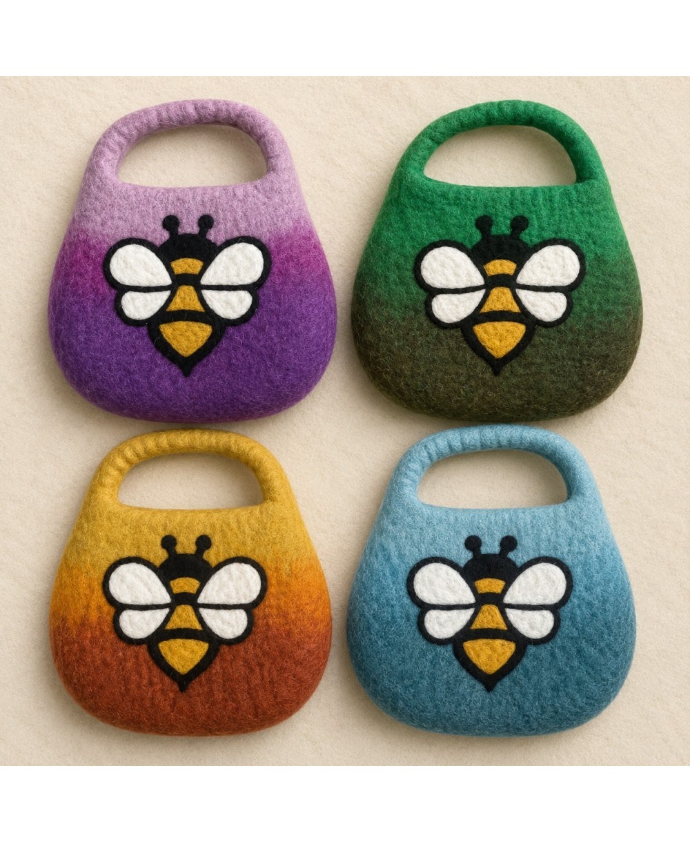 Bolso completo de fieltro con diseño de abeja y asa integrada para uso diario y transporte de objetos personales.