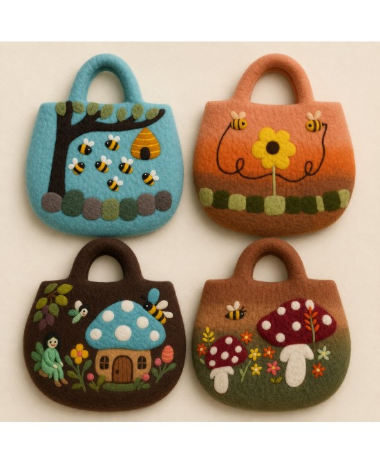 Bolso de fieltro con setas decorativas y flores silvestres para uso cotidiano y compras ligeras.