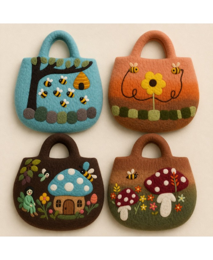 Bolso de fieltro con setas decorativas y flores silvestres para uso cotidiano y compras ligeras.